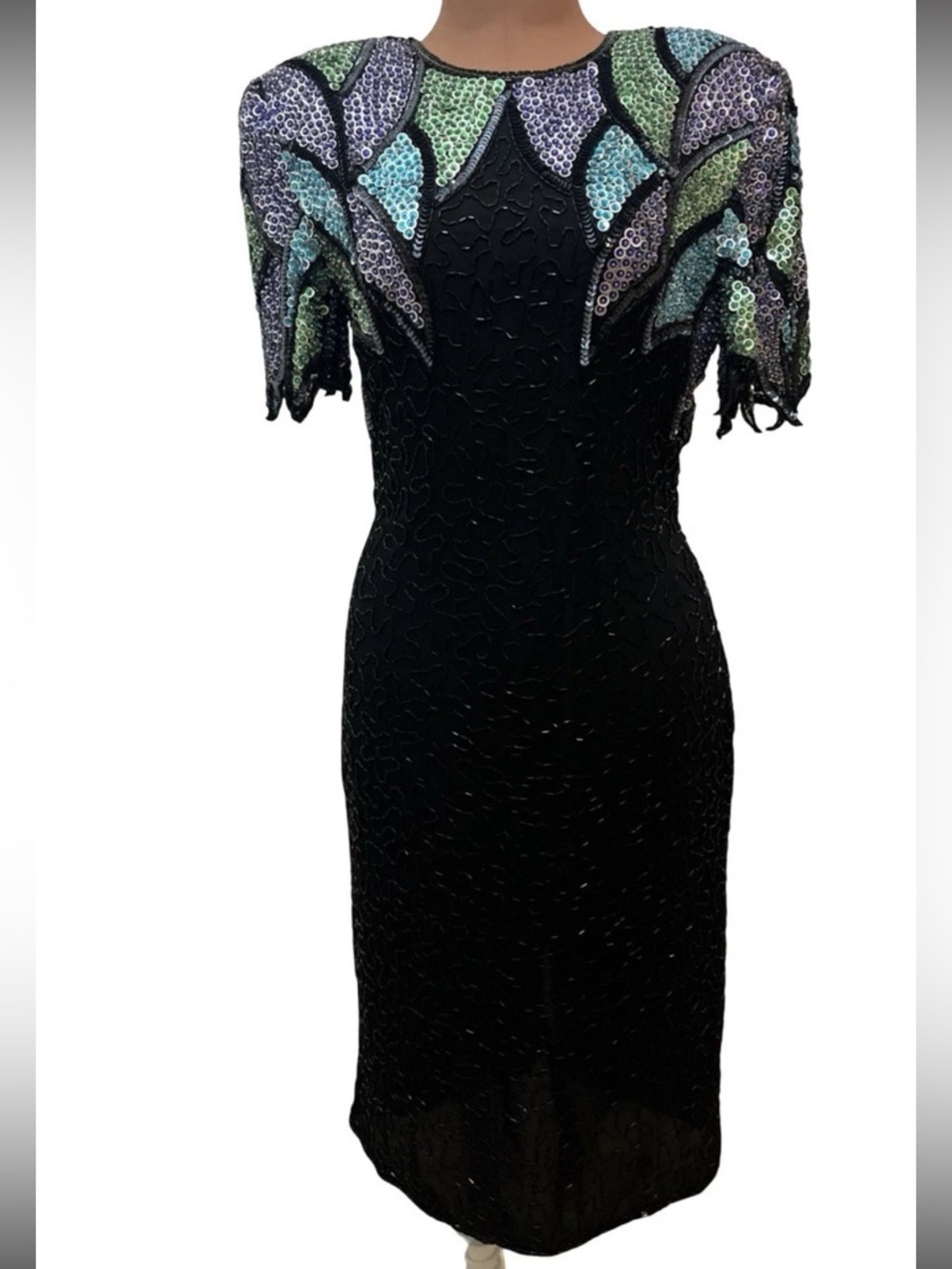 Vintage Scala Beaded Silk Dress Small Sequins Deco Glam 80s Iridescent Art Paris